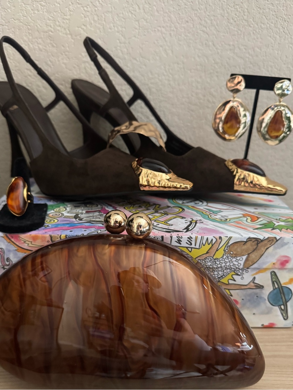 Jeffrey Campbell Brown Suede Jewel Toe Slingback Heels Sculptural Pumps - Picture 4 of 4